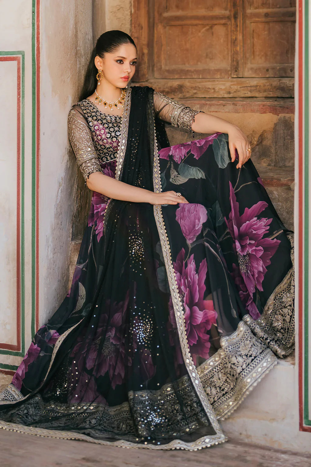 Iznik Chiffon Embroidered & Digital Print Maxi - J0485