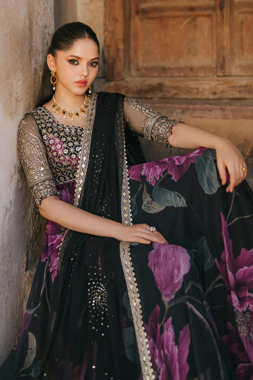 Iznik Chiffon Embroidered & Digital Print Maxi - J0485