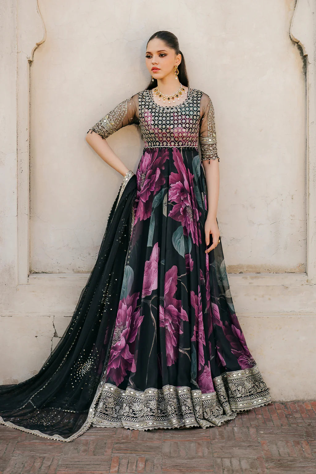 Iznik Chiffon Embroidered & Digital Print Maxi - J0485