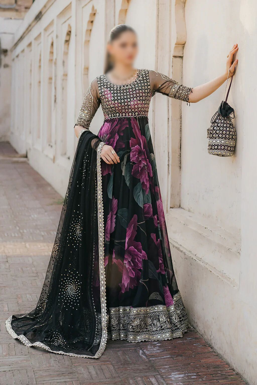 Iznik Chiffon Embroidered & Digital Print Maxi - J0485